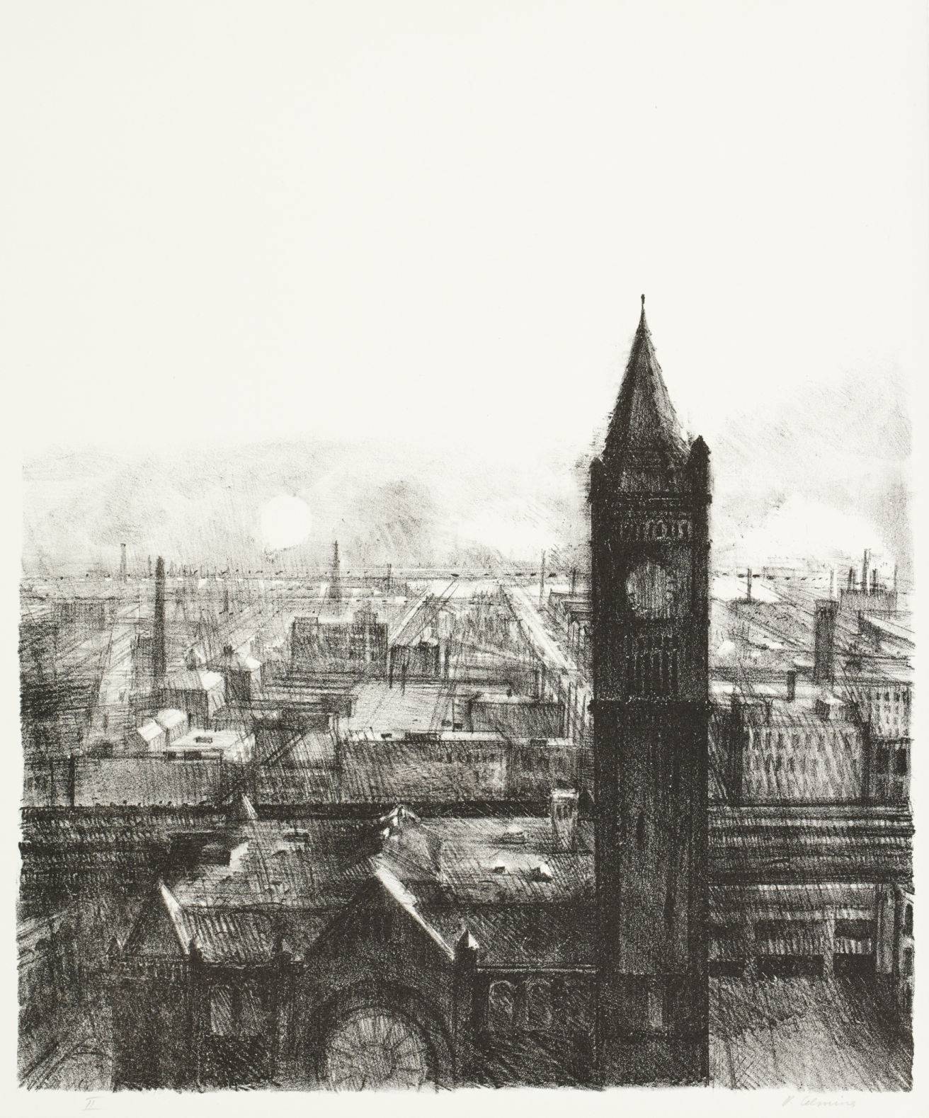 Vija Celmins (American, born Latvian, 1939), Union Station, 1962, ink on paper, lithograph, 18-1/8 x 15-1/8 in. Indianapolis Museum of Art at Newfields, Gift of Garo Zareh Antreasian, 1994.649.1 ©️ Vija Celmins.